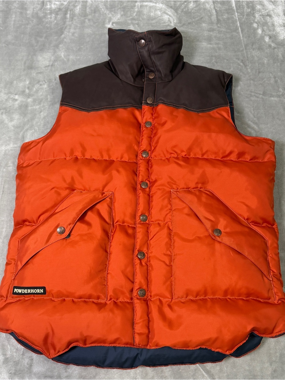 PowderHorn Mountaineering Down Puffer Vest Orange Brown Men's Medium